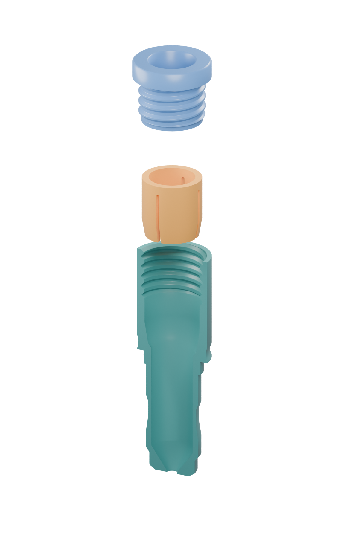 Exploded model of the screw-grip concept: a blue threaded cap, amber slotted insert, and teal holder shown in cutaway.