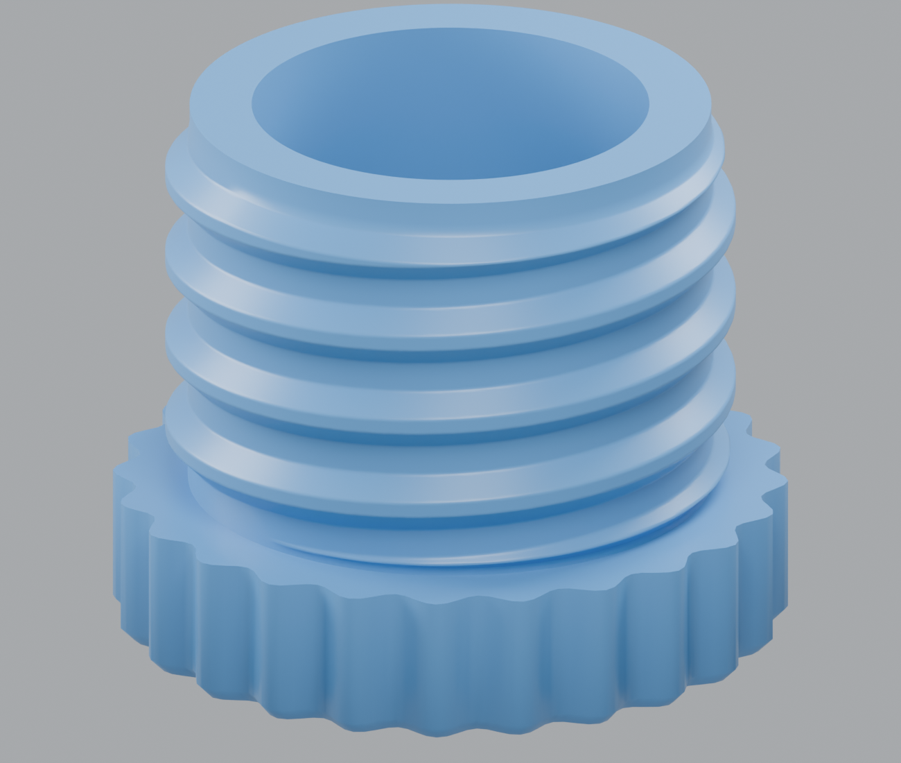 Rendered close-up of the V2 blue screw cap, with 24 rounded ridges around its lower band for finger grip.